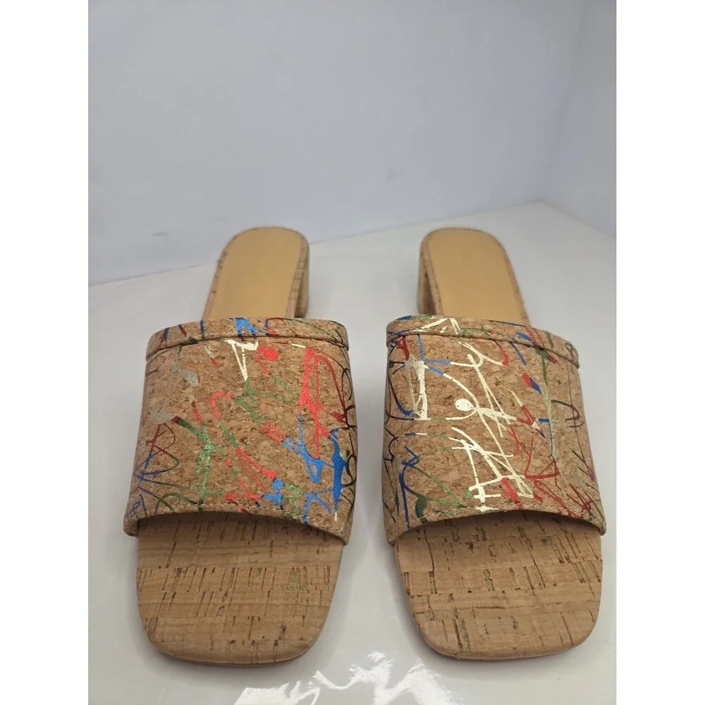 Chocolat Blu Cindy Cork Sandals Paint Splatter Graffiti Heeled Mules Sz 9 NWOB